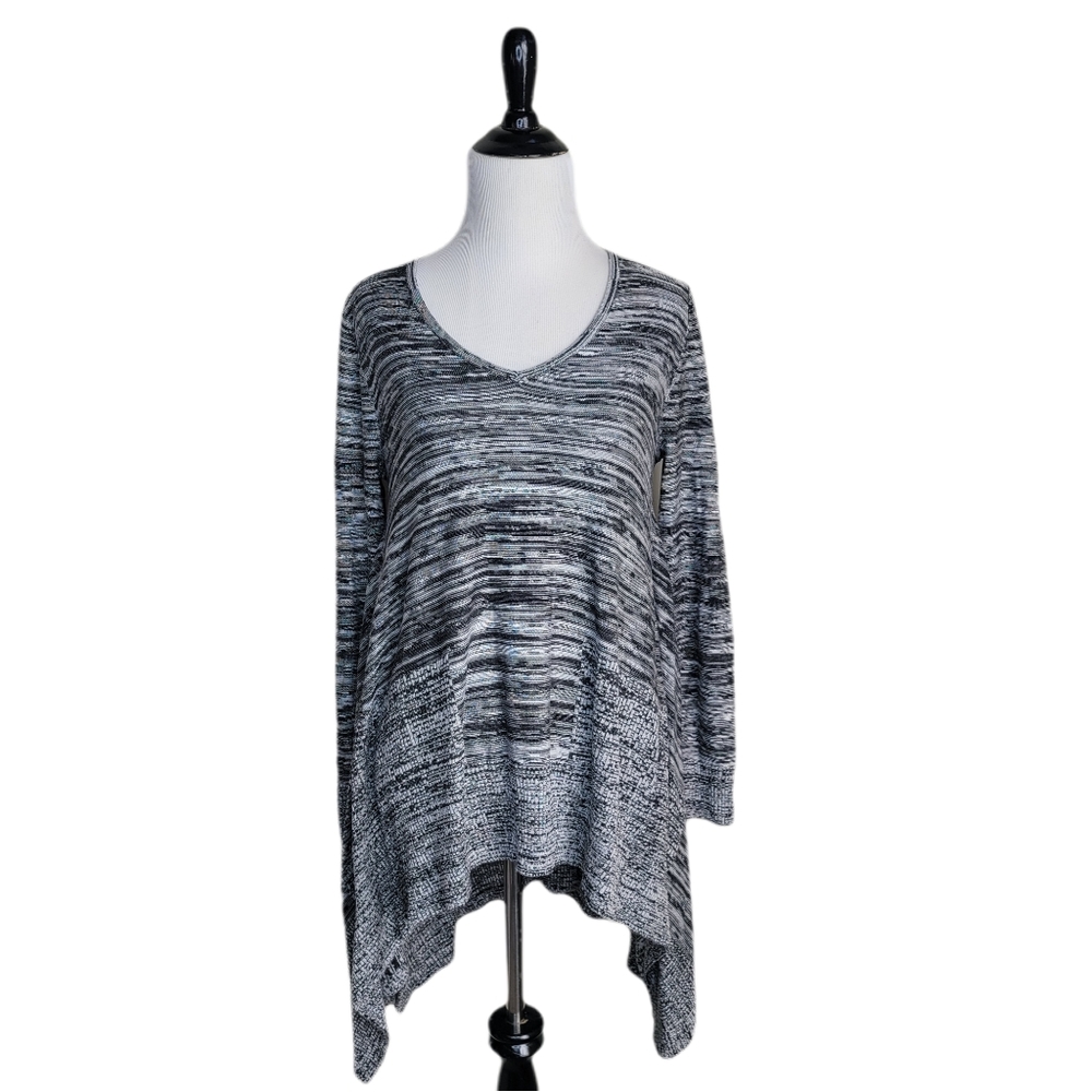 Cupio black and white marbled sharkbite sweater